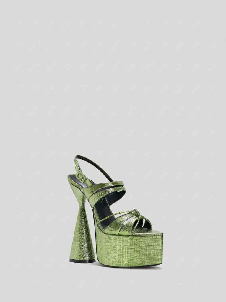 Chameleon Green Platform Sandal Front-Side on Light Grey Background