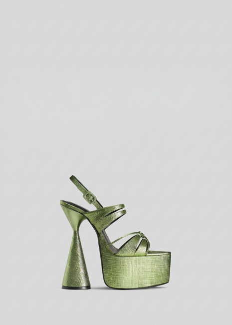 Chameleon Green Platform Sandal on Light Grey Background