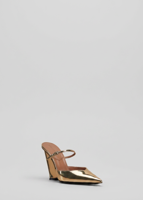 Gold Wedge Mule Front-Side on Light Grey Background
