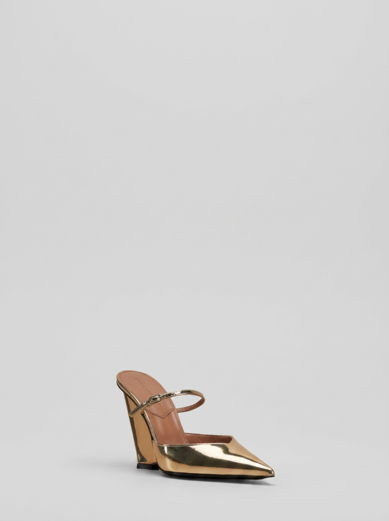 Gold Wedge Mule Front-Side on Light Grey Background