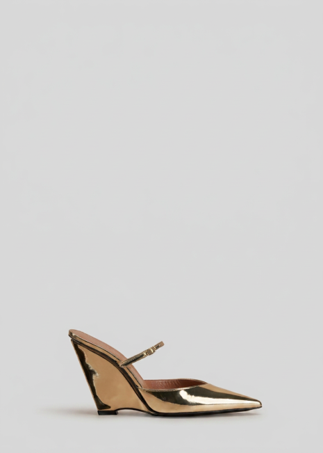 Gold Wedge Mule on Light Grey Background