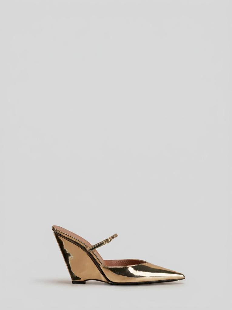 Gold Wedge Mule on Light Grey Background